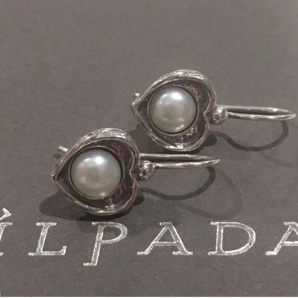 SILPADA ‘Forever Fearless’ Sterling Silver 925 Heart Shaped Pearl Drop Earrings - Picture 2 of 8
